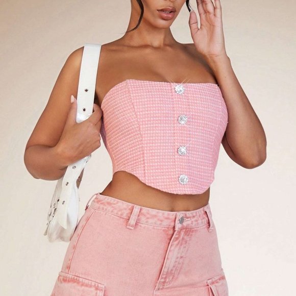 Pink Preppy Womens Plaid Print Button Front Tube Top - Picture 5 of 5